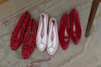 PinkPantheress's custom unfinished ballet flats include red polka dot, pink and white, and red velvet pairs