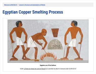 Ancient Egyptian fresco depicting three men using foot bellows for copper smelting