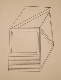 Solange Knowles' architectural sculpture sketch features a geometric, open-sided structure with a framed window and horizontal lines