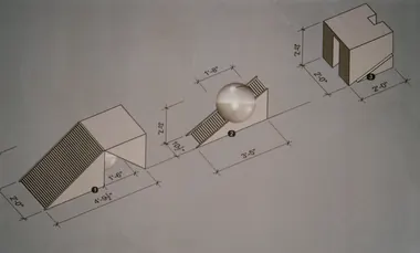 Solange Knowles's architectural sculpture blueprint shows three geometric forms with dimensions, including a sphere on a ramp