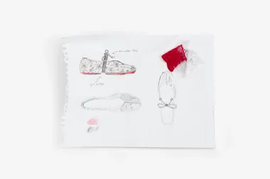 PinkPantheress's ballet flats design sketches show a floral pattern, a convertible strap, and a bow detail, with fabric swatches